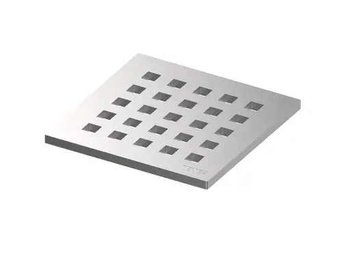 Edelstahlrost mit quadratischem Design und einem Gittermuster, hergestellt von TECE. Geeignet für die Verwendung in Ablaufbereichen.